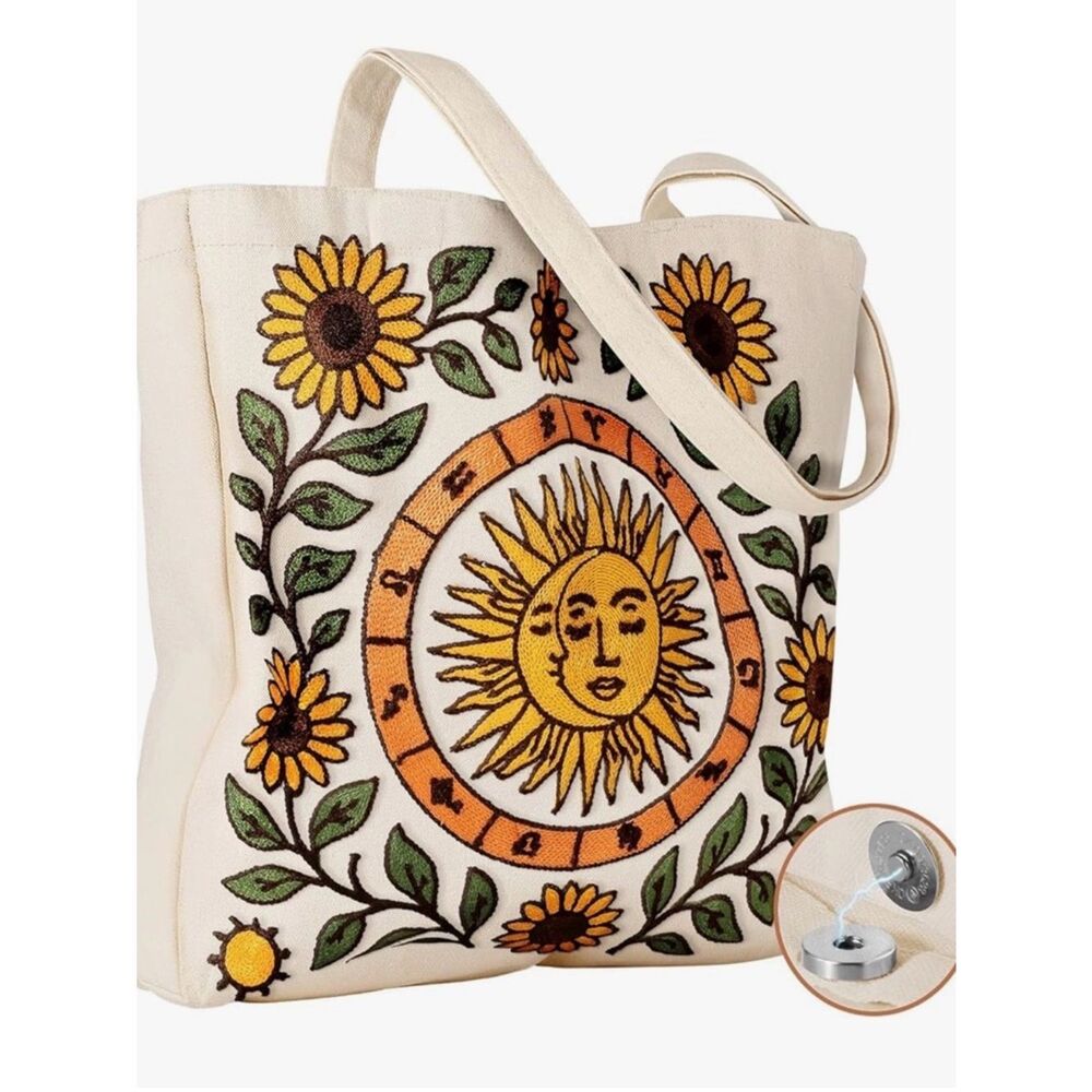 NEW Canvas Sun & Sunflower Embroidered Tote Bag